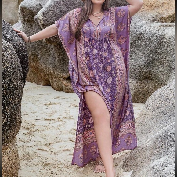 Boho Floral Print Slit Batwing Sleeve Kimono Dress - Picture 2 of 7